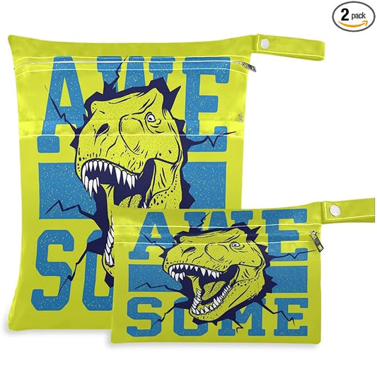 visesunny Cartoon Dinosaur 2Pcs Wet Bag with Zippered Pockets Washable Reusable Roomy for Travel,Beach,Pool,Daycare,Stroller,Diapers,Dirty Gym Clothes, Wet Swimsuits, Toiletries
