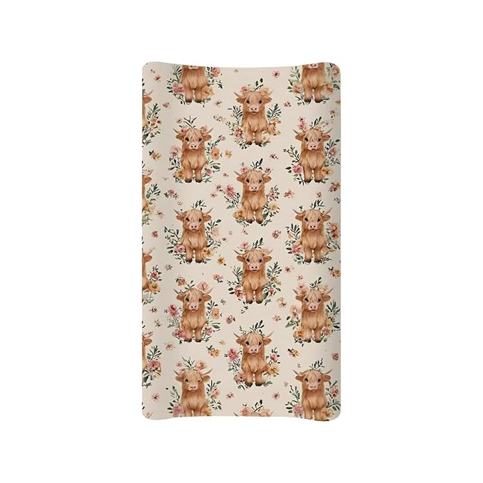 Highland Cattle Floral Baby Changing Pad Cover Set of 1 Changing Table Cover for Girls, Changing Pad Covers 32"x16" Snug Fitted Diaper Table Sheet