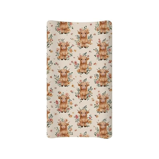 Highland Cattle Floral Baby Changing Pad Cover Set of 1 Changing Table Cover for Girls, Changing Pad Covers 32"x16" Snug Fitted Diaper Table Sheet