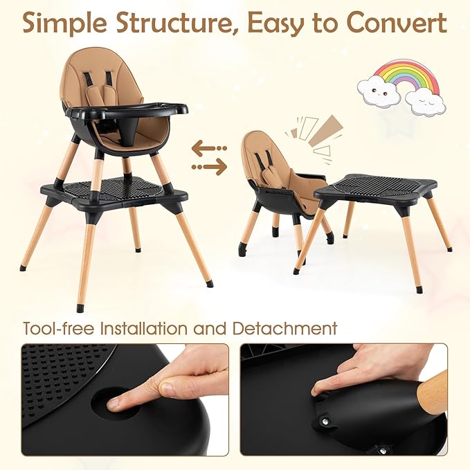 GLACER High Chair, 6-in-1 Convertible Wooden High Chairs for Babies and Toddlers w/Building Block Table, 5-Point Safety Harness, Removable Tray, PU Cushioned Baby High Chair for 6-36 Months (Coffee)