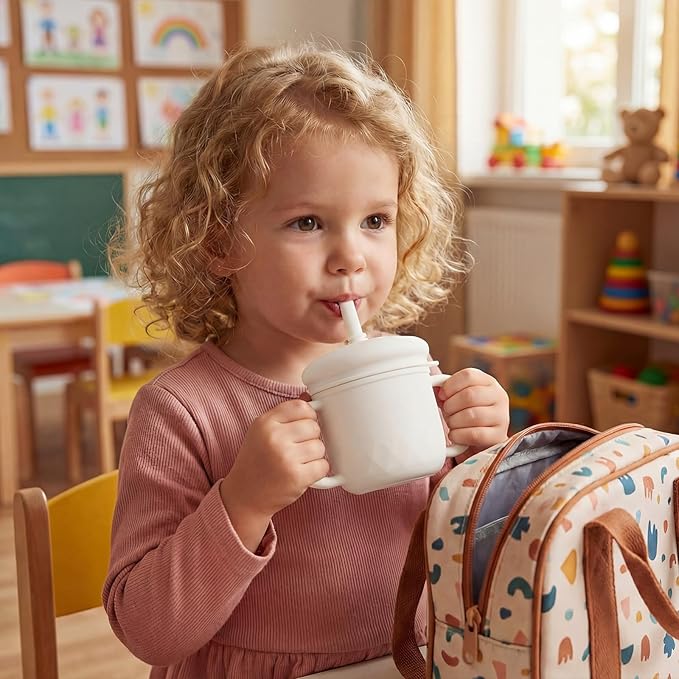 8 oz 3 in 1 Silicone Baby Sippy Cups & Snack Cups with Lid Straw for Toddlers 1-3 Spill Proof Stainless Steel Snack Containers Food Catcher for Baby Toddler Drinking Training(Beige)