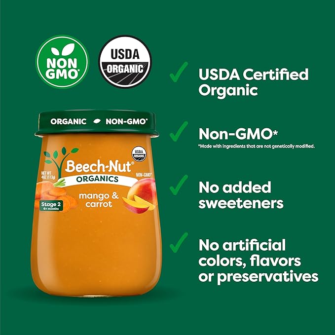 Beech-Nut Organic Baby Food Jars, Organic Mango & Carrot Baby Puree, Stage 2 for Babies 6 Months and Up, Non-GMO, 4oz Glass Baby Food Jars, 10ct