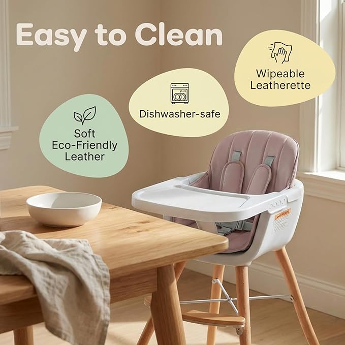 Mallify 3-in-1 Wooden High Chair, Convertible High Chairs for Babies and Toddlers, Baby Highchair with Adjustable Legs & Dishwasher-Safe Tray, Sleek Hardwood & Premium PU Cushion, Pink