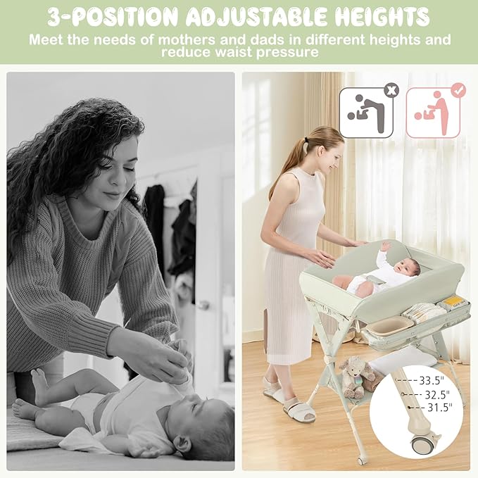 HONEY JOY Changing Table, Folding Mobile Diaper Nursery Organizer w/Wheel, 3 Adjustable Heights, Storage Bag & Open Shelf, Water Basin, Portable Baby Changing Station for Newborn Infant(Green)