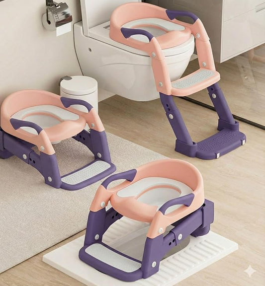 3-in-1 Toddler Potty Training Toilet Seat with Foldable Ladder – Adjustable Toddler Toilet Seat for Boys & Girls with Soft Cushion, Ergonomic Backrest, Non-Slip Pedal and Safety Grips (Pink & Purple)