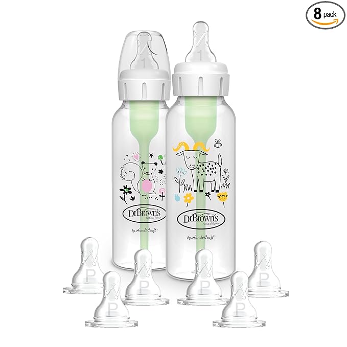 Dr. Brown's Natural Flow Anti-Colic Options+ Narrow Baby Bottle, Squirrel & Goat, 8 oz/250 mL, with Level 1 Slow Flow Nipple, BPA free, 0m+, 2-Pack and Preemie Flow 6-Pack Nipples