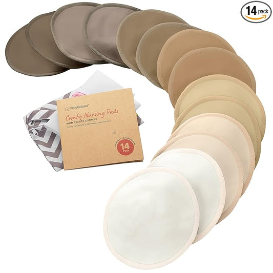 Organic Nursing Pads - 14 Washable Breast Pads for Breastfeeding, Wash Bag, Viscose Derived from Bamboo Reusable Nipple Covers for Breastfeeding Essentials, Soft & Absorbent (Coffee, M 4.6")