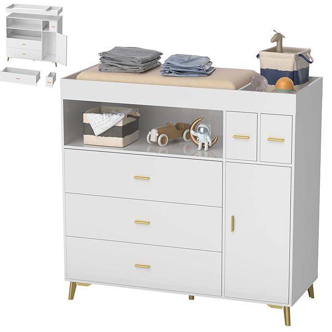 PakaLife Changing Table with Drawers, White Drawer Dresser,Changing Table Dresser with 5 Drawer & Cabinet…