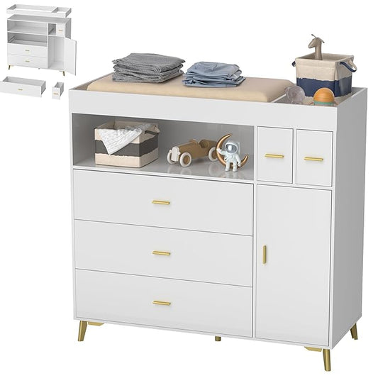 PakaLife Changing Table with Drawers, White Drawer Dresser,Changing Table Dresser with 5 Drawer & Cabinet…