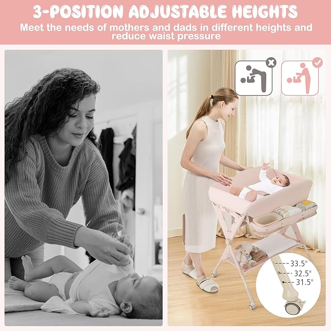 HONEY JOY Changing Table, Folding Mobile Diaper Nursery Organizer w/Wheel, 3 Adjustable Heights, Storage Bag & Open Shelf, Water Basin, Portable Baby Changing Station for Newborn Infant(Pink)