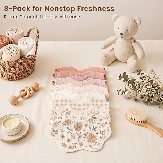 Konssy Muslin Baby Bibs 8 Pack, 100% Cotton Absorbent Bandana Drool Bibs for Teething and Drooling for Unisex Boys and Girls