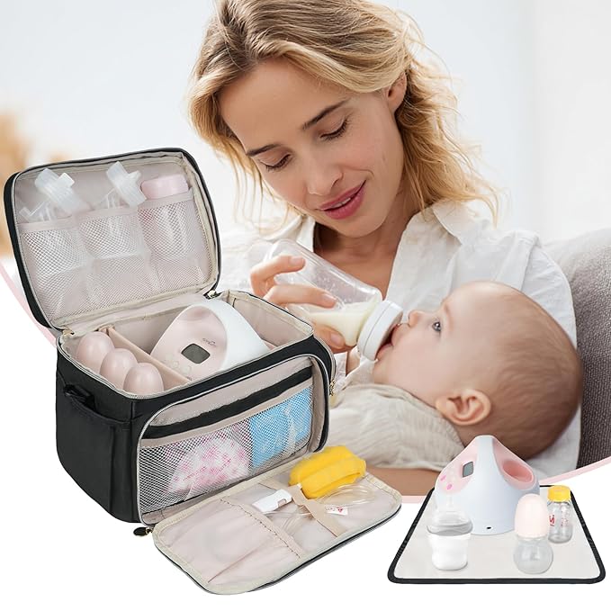 Breast Pump Bag Compatible with Spectra S1 and S2, Breast Pumping Travel Storage Bag with Waterproof Mat for Pumping Essentials and Accessories, Black