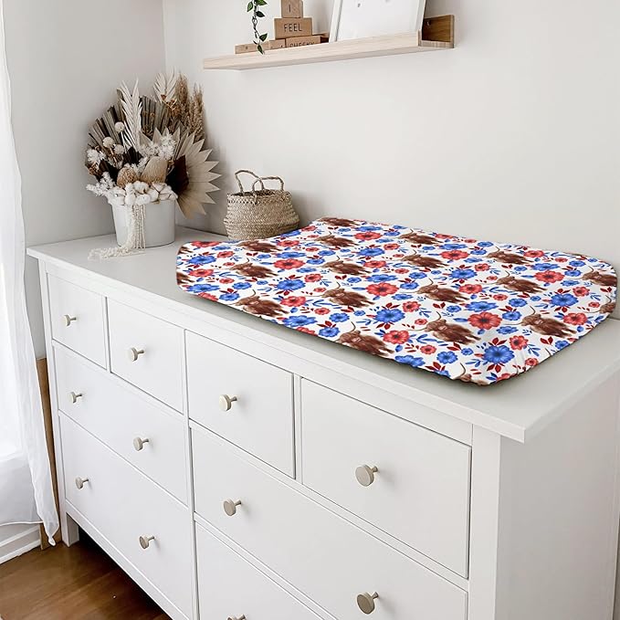 Highland Cows Boho Floral Changing Pad Cover Cute Yak Red Blue Flowers Diaper Changing Table Cover Sheets for Boys Girls Soft Breathable Stretchy Fitted Changing Table Mats 32''x16''