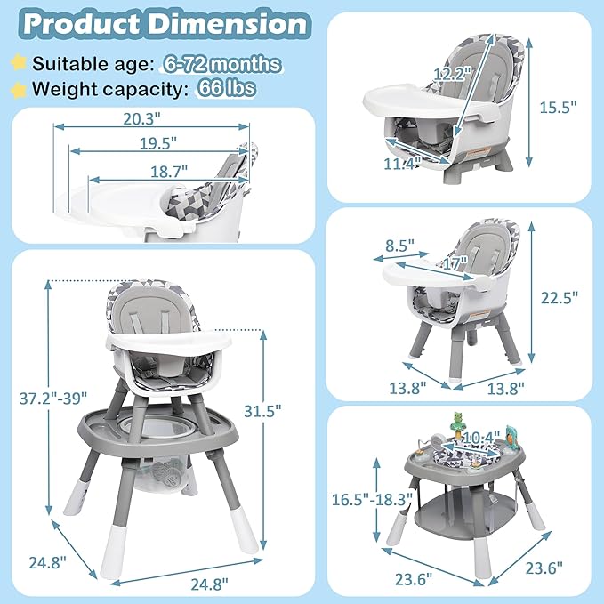 Xilingol 15-in-1 Convertible High Chair, 2-in-1 Baby Highchair & Activity Center W/Toys, Booster Seat | Building Block Table | Toddler Chair W/Removable Tray & 5-Point Harness & 2-Layer Cushion(Grey)