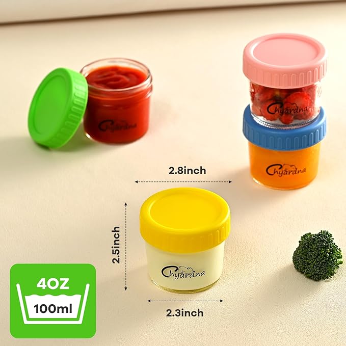 6 Pack Glass Baby Food Storage Containers, 4 oz Leakproof Baby Food Jars with Lids,Freezer & Microwave Safe, BPA Free