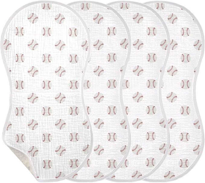 Cartoon Balls Baby Muslin Burp Cloths Set of 4 Red and White Baseball Patch Sports Muslin Washcloths Watercolor Milk Spit Up Rags Soft Newborn Towel for Unisex Boys and Girls, 22 x 11 Inch