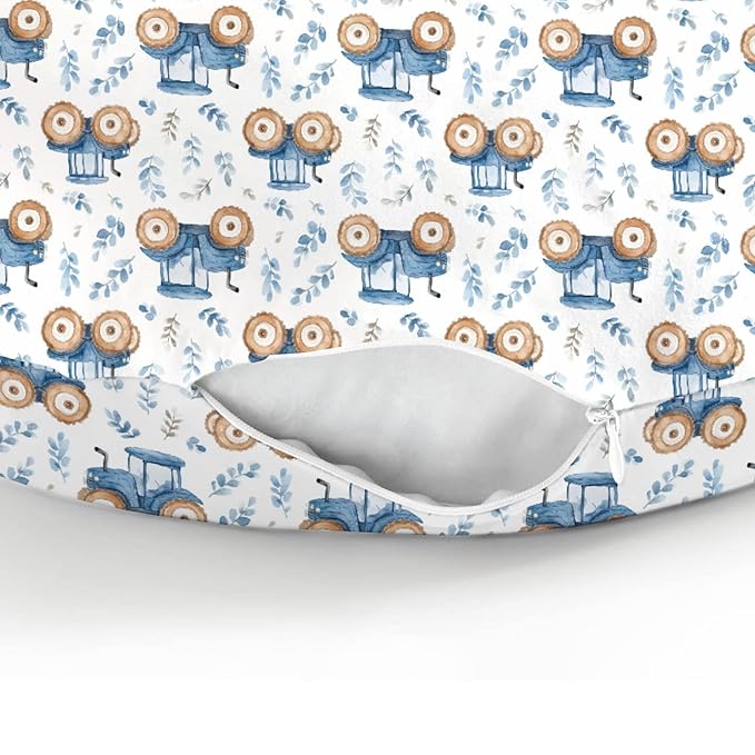 Watercolor Blue Tractors Baby Nursing Pillow Covers for Boy Girl Farm Tractors Boho Leaves Nursery Feeding Pillowcase for Breastfeeding Pillows Farm Life Soft Stretchy Slipcovers for Newborn Infant