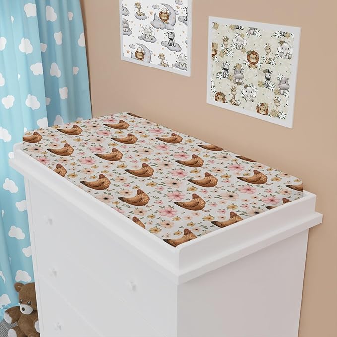 Vintage Hens Chicken Boho Floral Changing Pad Cover Farm Animals Change Table Pad Cover for Baby Boys Girls Soft Breathable Stretchy Snug Fitted Baby Diaper Changing Mat Sheets Cover 32''x16''
