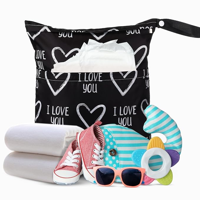 Frienda 4 Pieces Cloth Diaper Wet Dry Bag, Waterproof Reusable Washable Bag for Baby Items and Travel Zippered Pockets with Handle, Beach, Swimsuit, Dirty Gym Clothes and Toiletries(Heart)