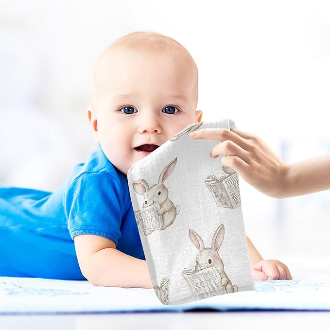 vvfelixl Baby Muslin Washcloths Bunny Reading Newspapers Baby Burp Cloths Cotton Babys Face Towel for Newborn Infants Boys Girls Soft and Absorbent 11.8 X 11.8 in, 3 Pack