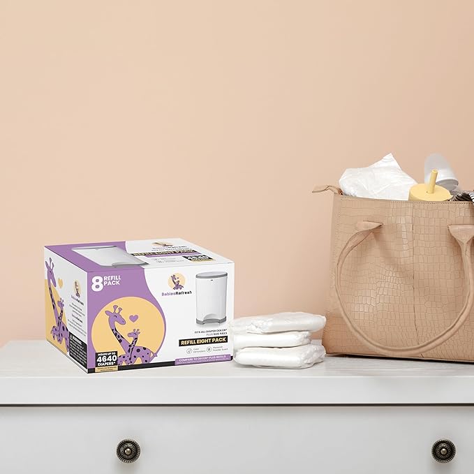 Refills Compatible with DEKOR PLUS Diaper Pail Refills | 8 Pack | Diaper Pail Odor Eliminator| Fresh Powder Scent | Each Diaper Bag Refill Holds up to 4640 Diapers | Diaper bin refill