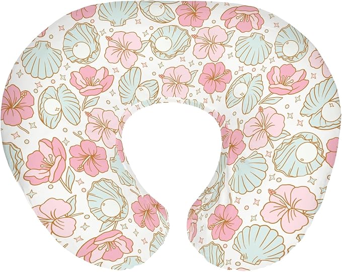 Boho Summer Mermaids Floral Nursing Pillow Covers for Boy Girl Beach Seashells Conch Tropical Flowers Nursery Slipcovers for Breastfeeding Pillows Ocean Marine Soft Stretchy Cover for Newborn Infant