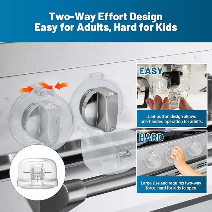Childproof Stove Knob Covers, Oven Knob Covers for Child Safety 5 Pack, Clear Stove Knob Safety Covers & Gas Stove Locks, Heat-Resistant Adhesive,Double-Key Baby Proof Covers for Gas/Electric Burners