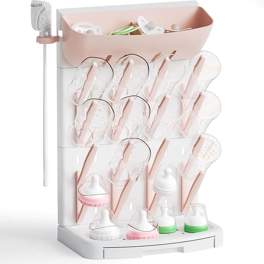 SuoXing Vertical Baby Bottle Drying Rack with Brush- Hold 16 Bottles - Large Breast Pump,Bottle Dryer Rack for Kitchen Countertop,Space Saving Bottle Stand Holder for Pacifiers,Pump Accessories,Pink
