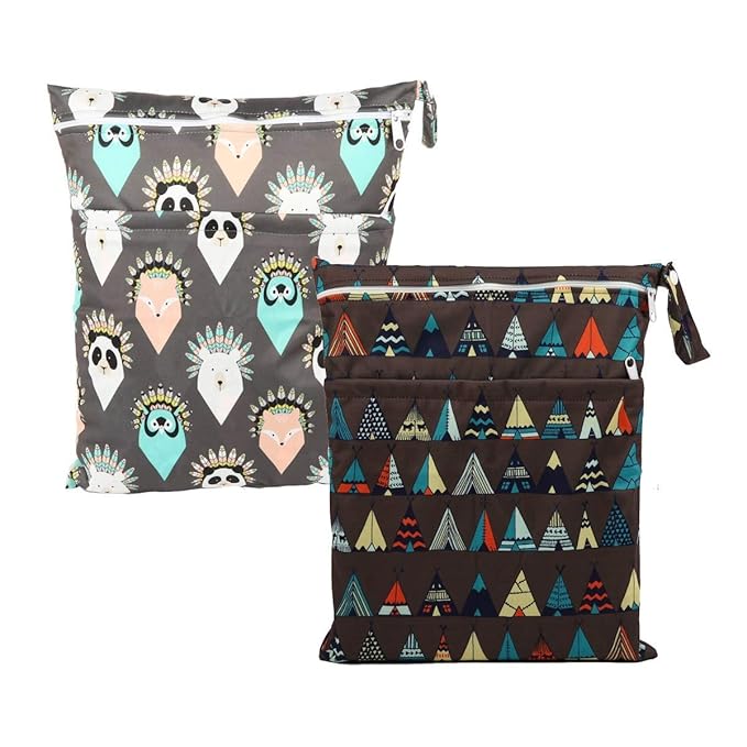 2 Wet Bags Reusable Diaper Nappy With Two Zippered Pockets (Teepee and American Native Animal)