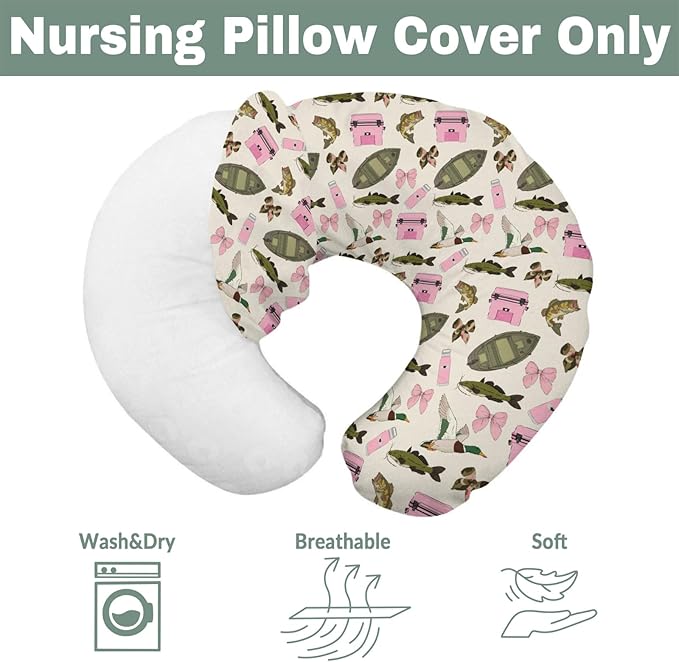 Pink Fishing Hunting Girly Baby Nursing Pillow Covers for Girl Boats Bass Fish Duck Bows Nursing Slipcovers for Breastfeeding Pillows Summer Lake Country Fishing Soft Stretchy Slipcovers for Newborn