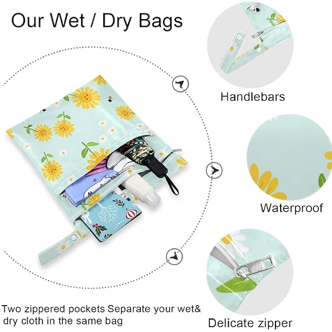 visesunny Sunflower Bee Daisy Green Leaf 2Pcs Wet Bag with Zippered Pockets Washable Reusable Roomy for Travel,Beach,Pool,Daycare,Stroller,Diapers,Dirty Gym Clothes, Wet Swimsuits, Toiletries