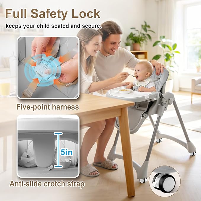 High Chairs for Babies and Toddlers, Foldable Baby High Chair with Removable Tray, Adjustable Backrest and Height, 6 in 1 High Chair with Lockable Wheels for Eating, Include 2 Bibs, Tool-Free Assembly
