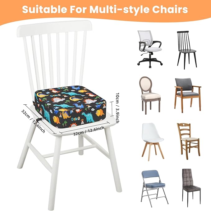 Toddler Booster Seat for Dining Table Kitchen Chair, Kids Booster Seat with Non-Slip Bottom and Adjustable Straps, 4" Detachable Washable Portable Travel Increasing Cushion (Dinosaur)