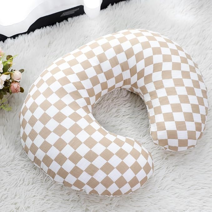 DILIMI Muslin Nursing Pillow Cover 2 Pack, Removable Nursing Cover for Breastfeeding Pillows, Ultra Soft Comfortable Slipcover for Baby Girl and Boy, Beige and Brown Checkered