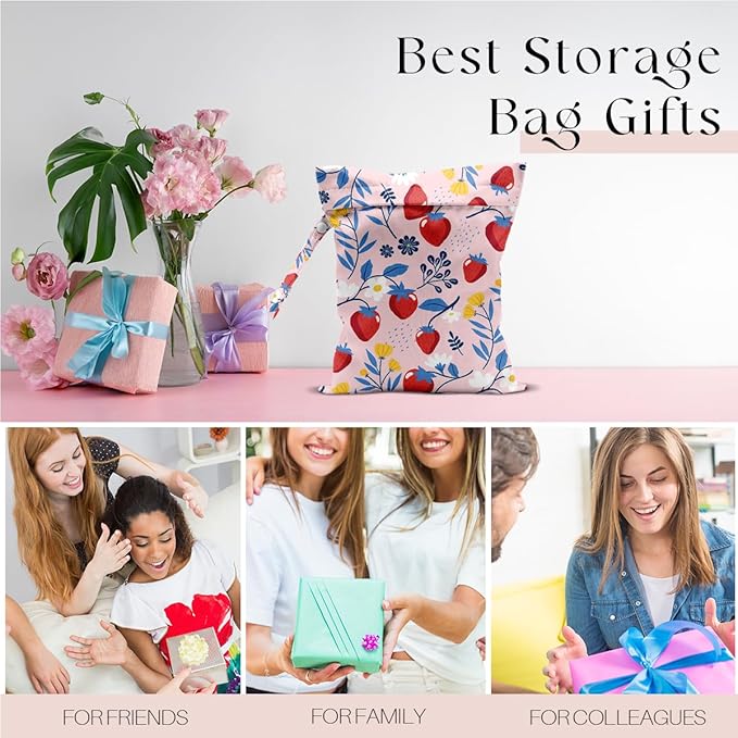 Wet Bag, Wet Dry Bag, Waterproof Swim Bags, Machine Washable Reusable Bags for Beach, Pool, Diapers, and Dirty Yoga Gym Clothes(Pink Background Strawberry and Bule Leaf Printy