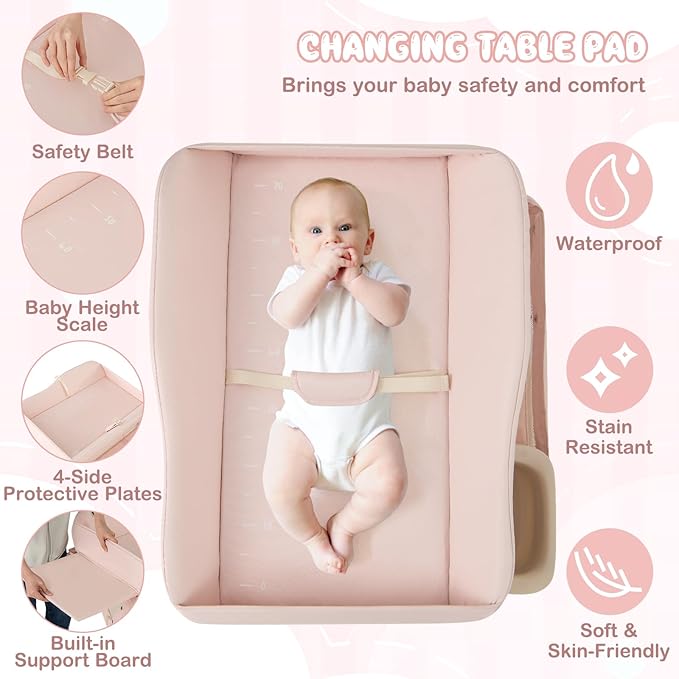 HONEY JOY Changing Table, Folding Mobile Diaper Nursery Organizer w/Wheel, 3 Adjustable Heights, Storage Bag & Open Shelf, Water Basin, Portable Baby Changing Station for Newborn Infant(Pink)