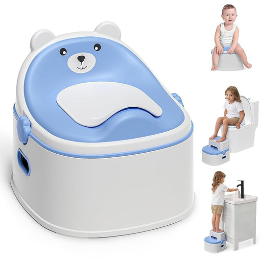 3-in-1 Potty Training Toilet, Portable Potty, Potty Training Seat and Toddler Step Stool, Easy Setup and Clean, Anti-Slip Toddler Potty Trainer for Boy Girl,Blue