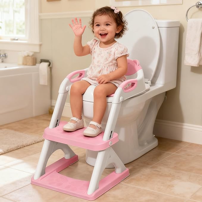 Potty Training Seat with Step Stool Ladder, Toddler Toilet Seat for Boys Girls, Adjustable 6 Heights Fits Round & Elongated Toilets, Anti-Slip Pads & Leak-Proof Guard