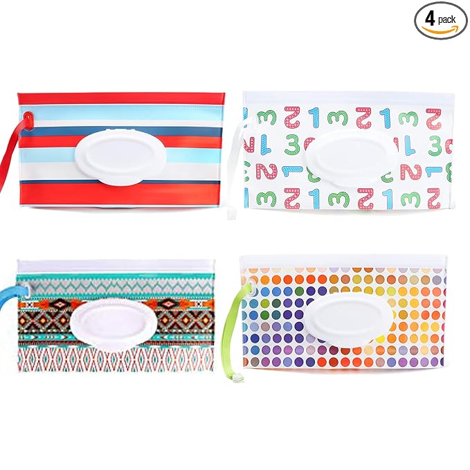Baby Wipes Dispenser,4 Pack Reusable Baby Wipe Holder Box, Refillable Baby Wipes Container Travel Wet Wipes Case with Reusable Wipes Pouch for Home