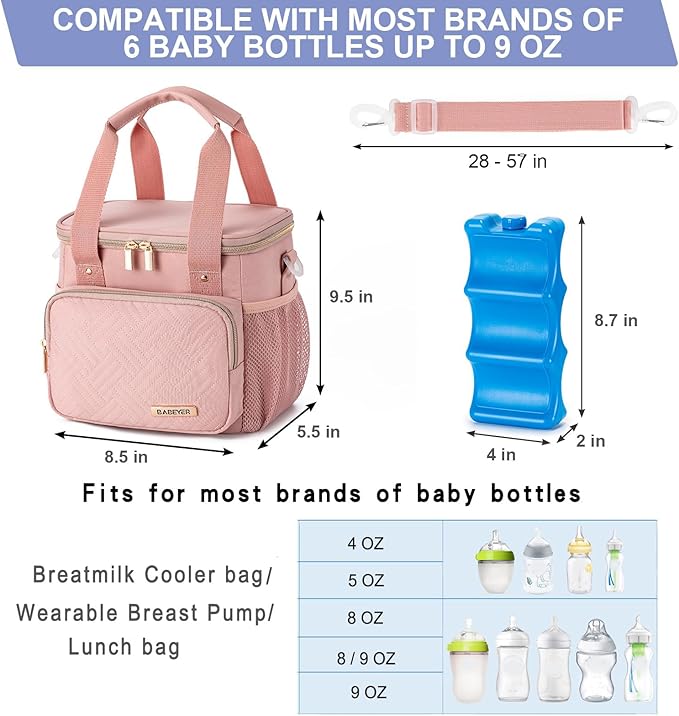 Breastmilk Cooler Bag with Ice Pack Fits 6 Baby Bottles up to 9 Ounce, Breast Milk Pump Cooler Bag for Nursing Mom Daycare, Work, Travel-Pink