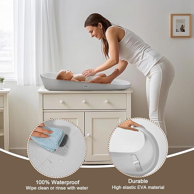 Babylush Wipeable Changing Pad for Dresser,Easy to Clean and Non-slip Waterproof Changing Pad with Adjustable Safety Strap,Comfortable EVA Foam,27x17 Inch（Grey）