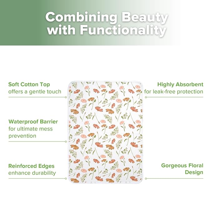 haakaa Waterproof Changing Pad Liners, 100% Cotton, Soft & Breathable (1pc, 19.5" x 27.5" Velvet Bloom)