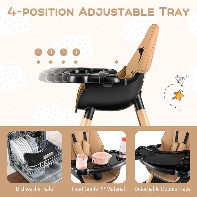 HONEY JOY Baby High Chair, 6-in-1 Convertible Wooden Highchair for Babies and Toddlers/Table Set/Toddler Chair with Safety Harness, 4-Position Removable Feeding Tray (Coffee)