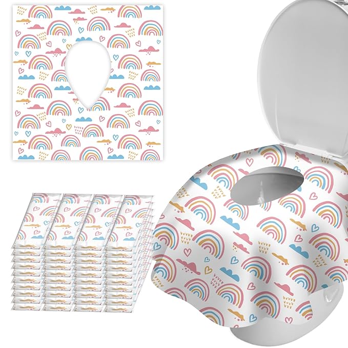 40 Pack Toilet Seat Covers Disposable for Bathroom, Extra Large XL Size Waterproof Covers for Toddler Potty Training, Individually Wrapped Portable for Adults Kids Travel Trip Airplane -Rainbow