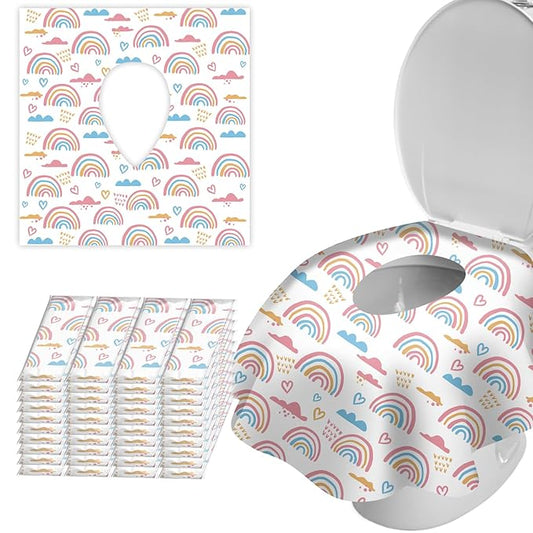 40 Pack Toilet Seat Covers Disposable for Bathroom, Extra Large XL Size Waterproof Covers for Toddler Potty Training, Individually Wrapped Portable for Adults Kids Travel Trip Airplane -Rainbow