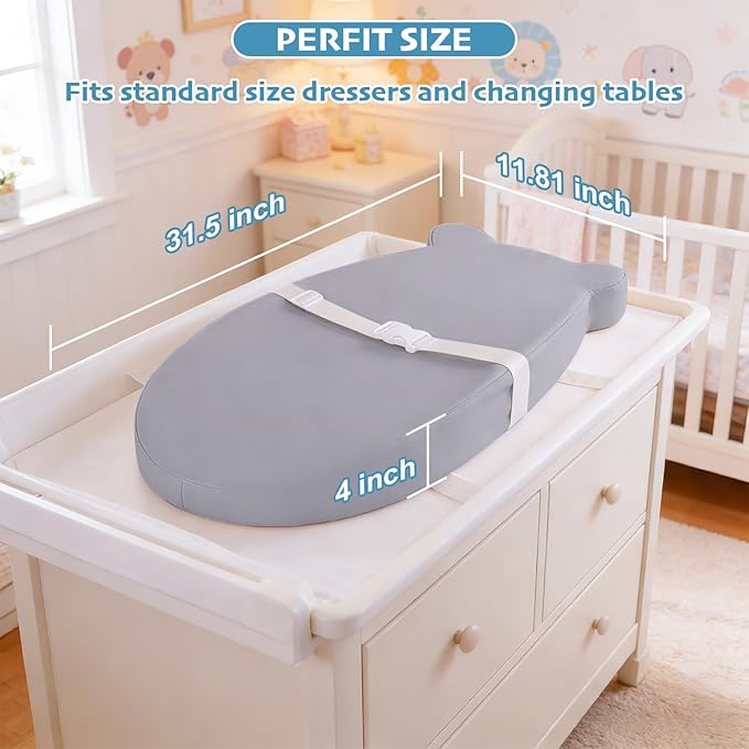 Baby Changing Pad, Waterproof & Wipeable Soft Diaper Changing Mat with PU Cover, Contoured Baby Changing Pad for Dresser & Table, with Non-Slip Safety Belt, Portable & Lightweight,Large Cushioned Foam