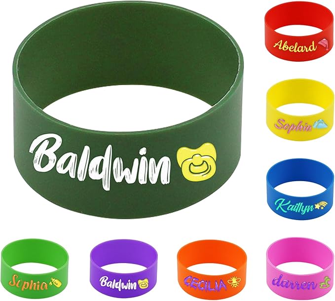 4 Pcs Personalized Water Bottle Name Bands, Printable Name Daycare Labels, Reusable Bottle Labels Silicone Daycare Essentials Washable Sippy Cup Strap