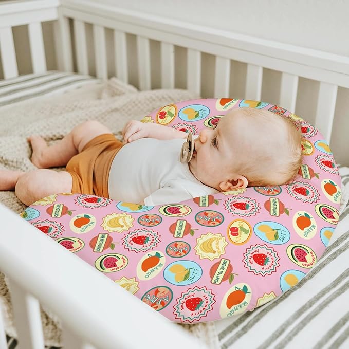 Pink Fruits Summer Preppy Baby Nursing Pillow Covers for Girl Cute Tropical Fruits Stamp Nursery Pillowcase for Breastfeeding Pillows Retro Summer Beach Soft Stretchy Slipcovers for Newborn Infant