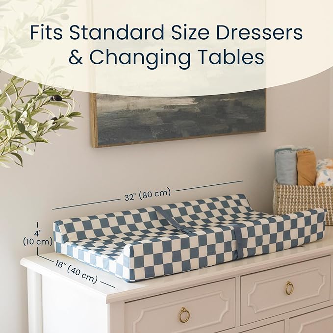 Tiny Twinkle Diaper Changing Pad for Dresser & Nursery Table – Waterproof, Wipeable & Mess-Proof Baby Changing Pad with Safety Strap, Non-Slip Base & Removable Washable Cover(Blue Checkers)