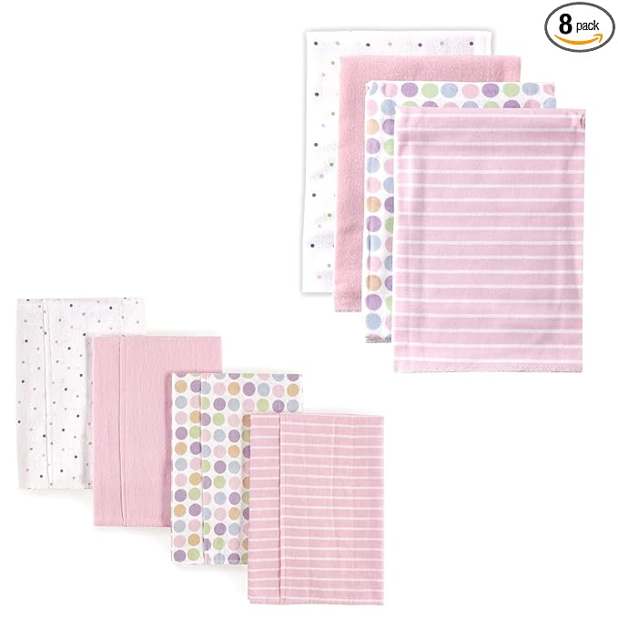 Luvable Friends Unisex Baby Cotton Flannel Burp Cloths and Receiving Blankets, 8-Piece, Pink Dots, One Size